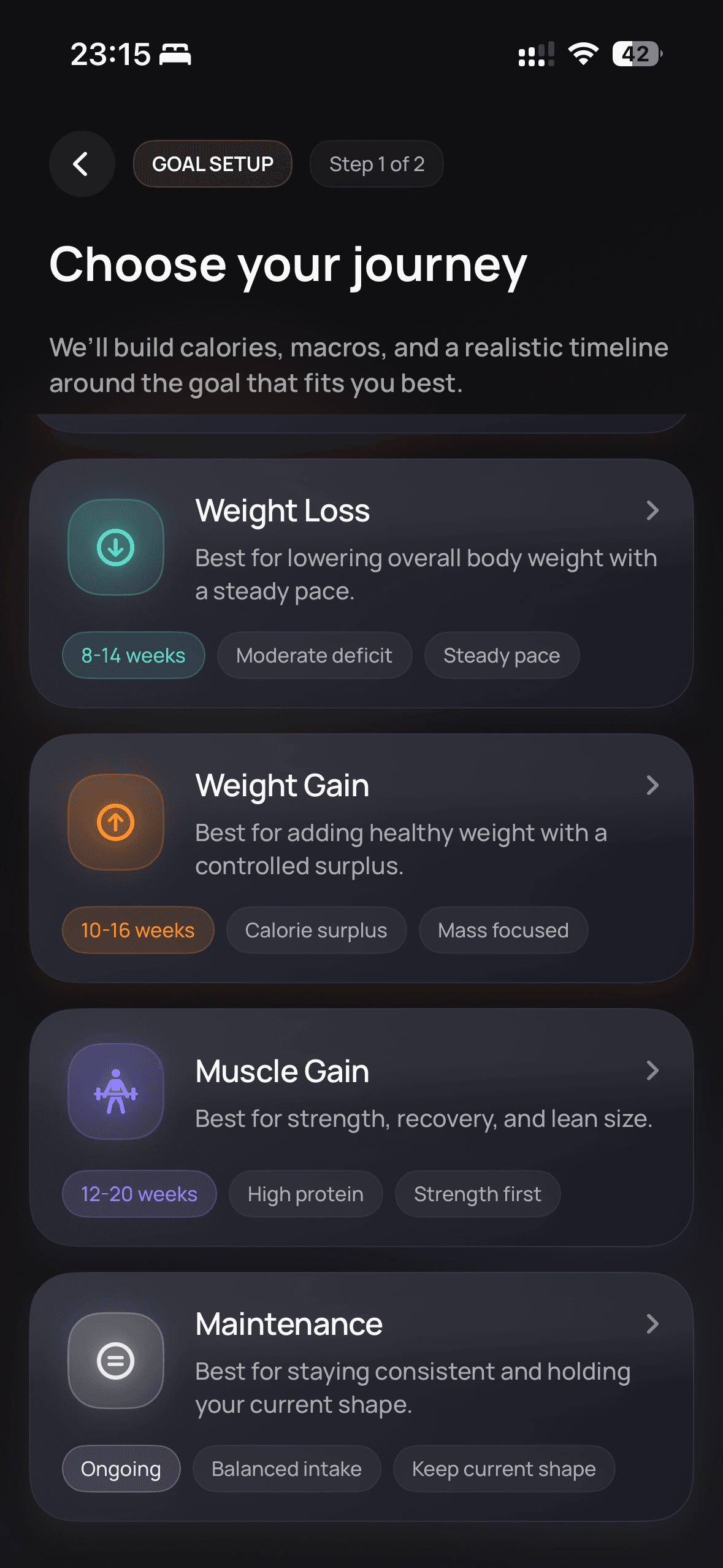 WorkItOut goal setup choices screen